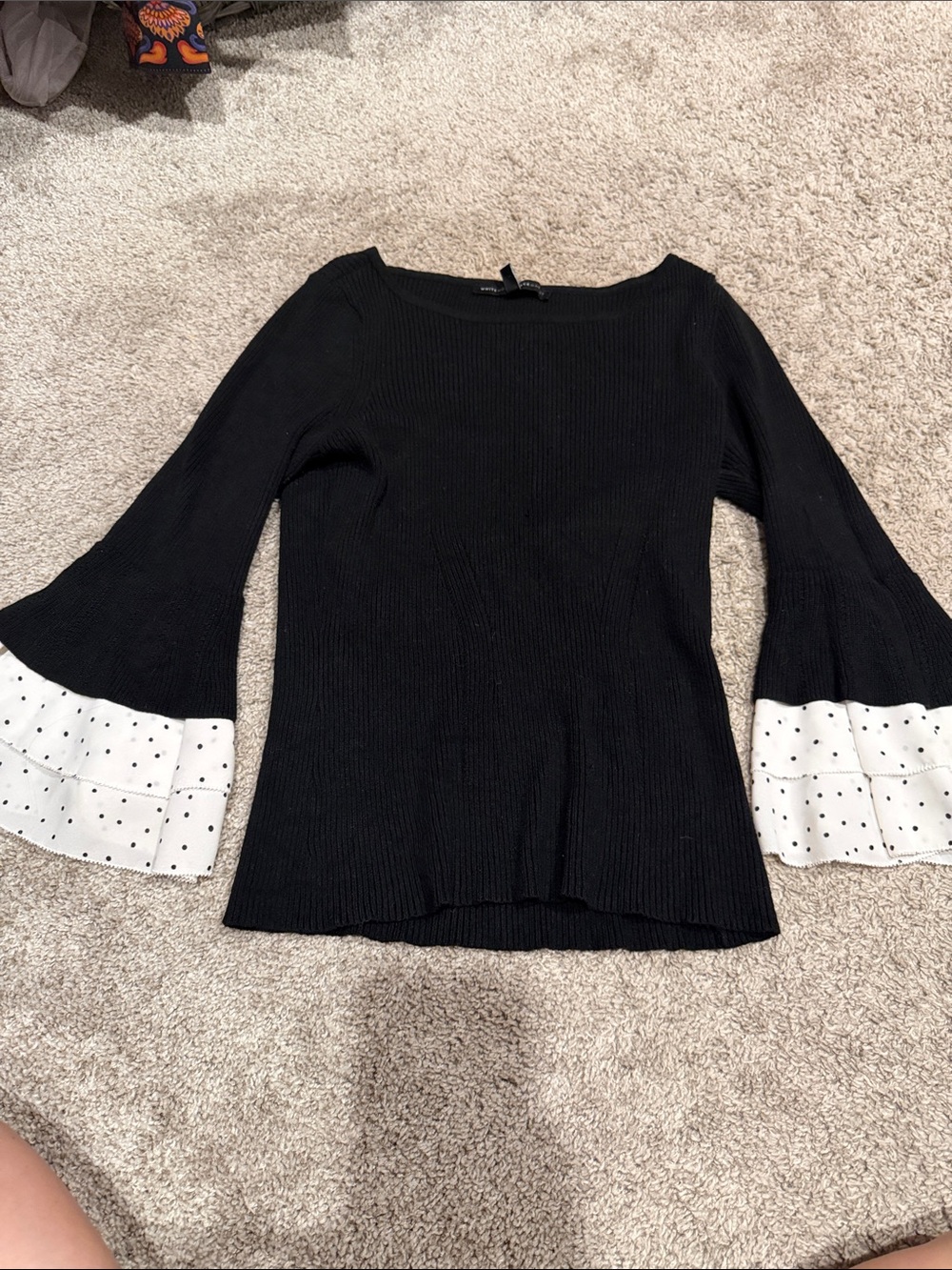 White House Black Market Black Sweater with White Polka Dot Ruffle Cuffs